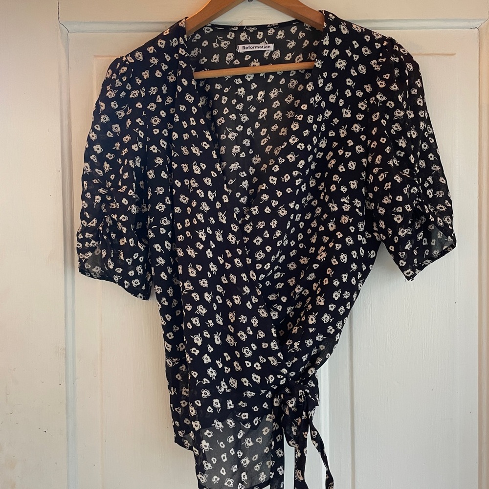 Reformation Black Floral Tie-Waist Wrap Blouse